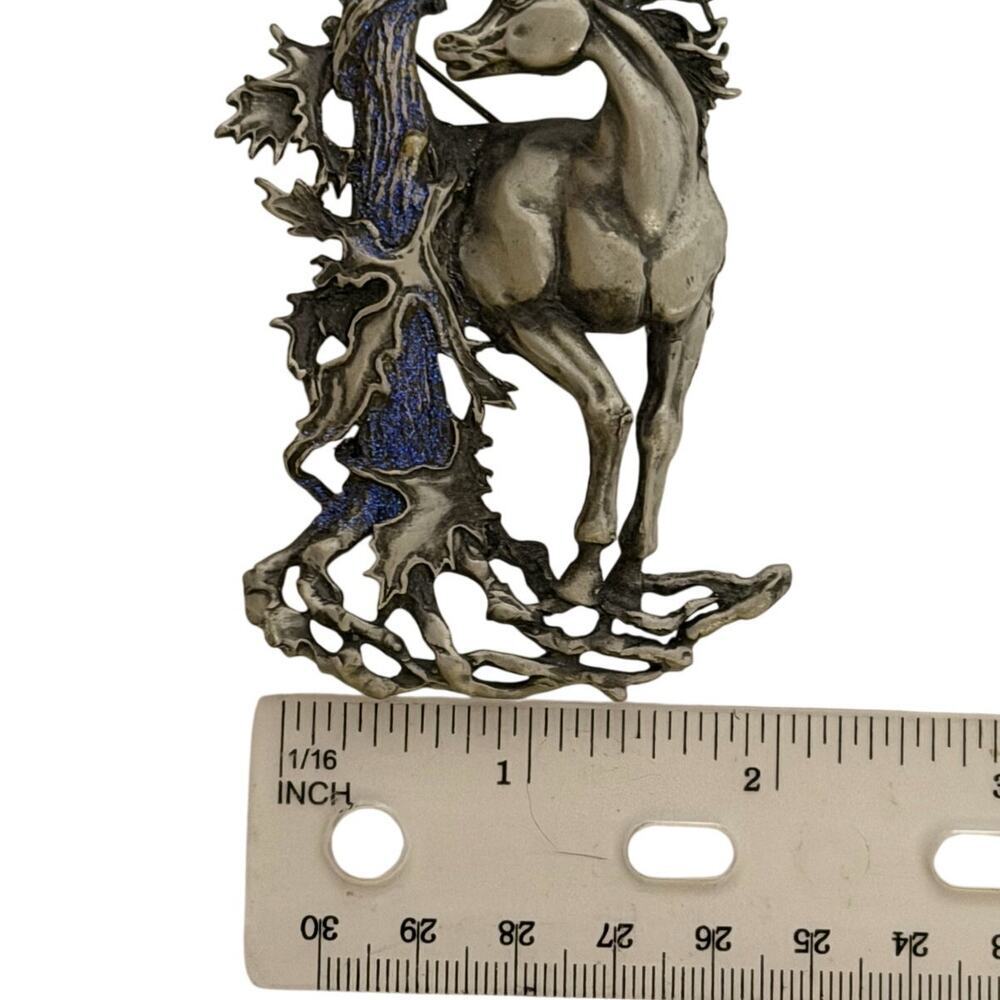JJ Vintage Unicorn Pewter Brooch Blue Enamel Fantasy Statement Pin - Picture 7 of 11